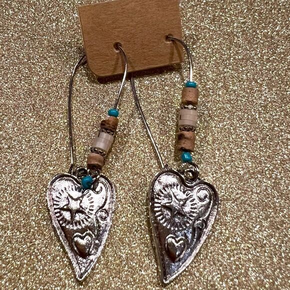 Dangle heart/star earrings with silver and turquoise beads - Picture 1 of 4